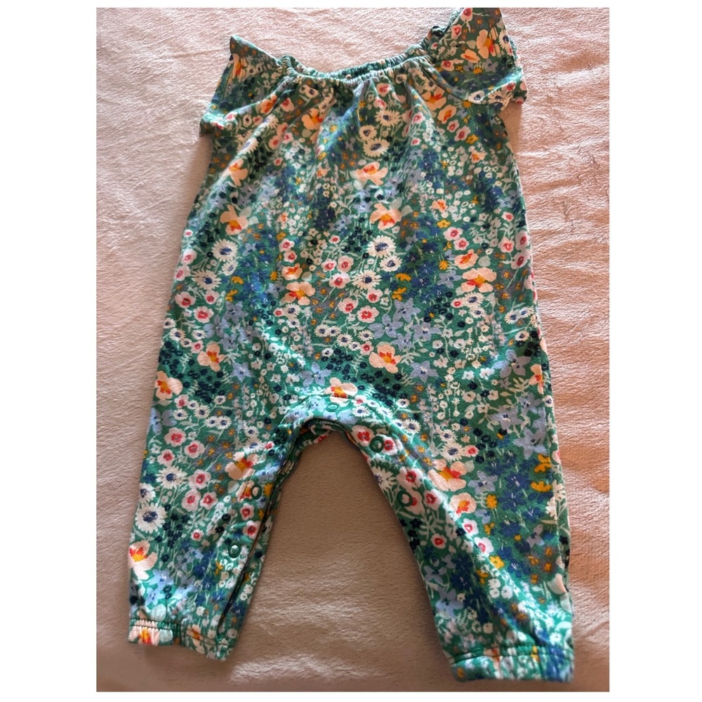 Tea Collection Baby Girl Floral Romper Green Blue 0-3 Months Cotton Snap Bottom